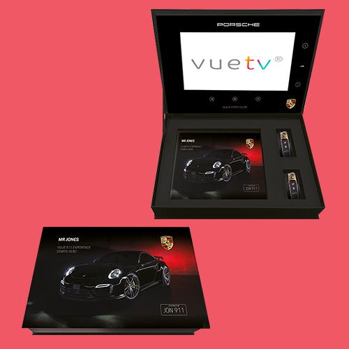 A4 Vue Media VueTV Video Influencer Box with a 10 inch HD screen with merchandise for Porsche