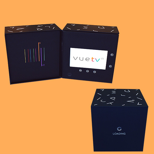 Bespoke Vue Media VueTV Video Influencer Box with a 7 inch HD screen and merchandise for Oktra